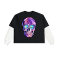 Steampunk Skull Layered Contrast Sleeve Cotton T-Shirt