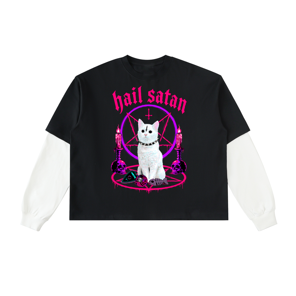Hail Satan White Cat Layered Contrast Sleeve Cotton T-Shirt