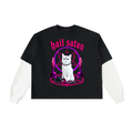 Hail Satan White Cat Layered Contrast Sleeve Cotton T-Shirt
