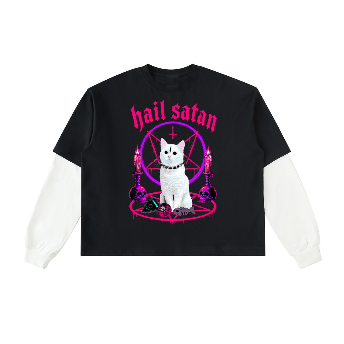Hail Satan White Cat Layered Contrast Sleeve Cotton T-Shirt