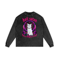 Funny Satanic White Cat Acid Wash Oversize Long Sleeve T-Shirt