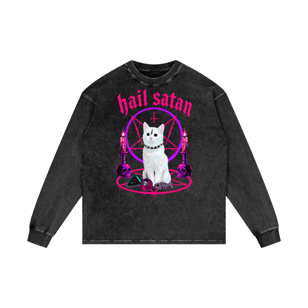 Funny Satanic White Cat Acid Wash Oversize Long Sleeve T-Shirt