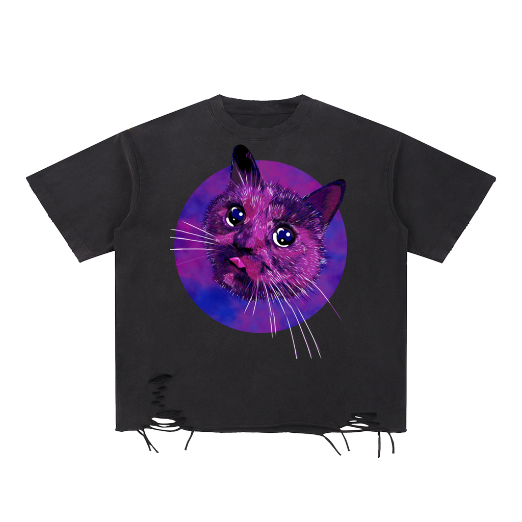 Cosmic Kitty Goth Snow Washed Raw-Hem T-Shirt