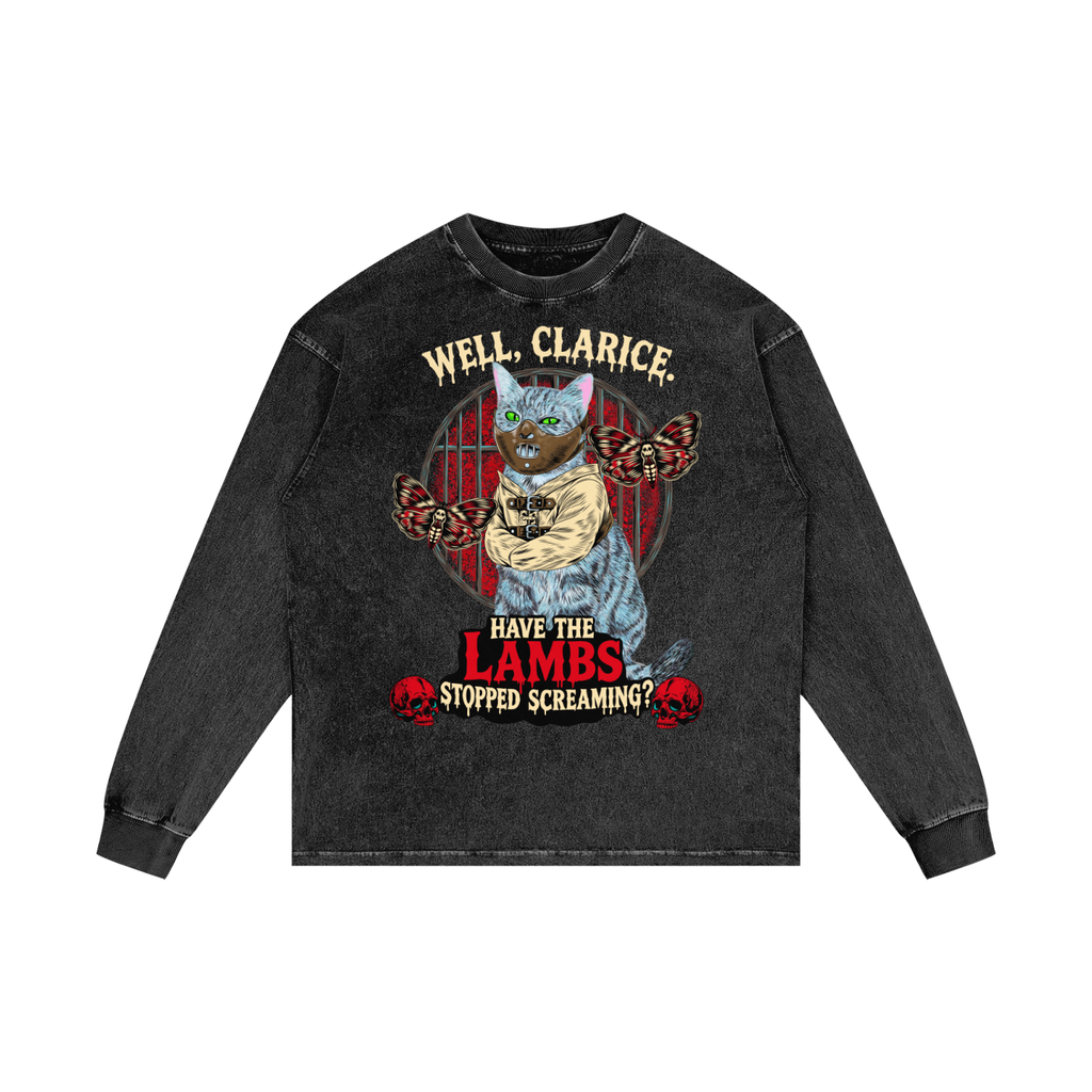Goth Cat Horror Fan Acid Wash Oversize Long Sleeve T-Shirt