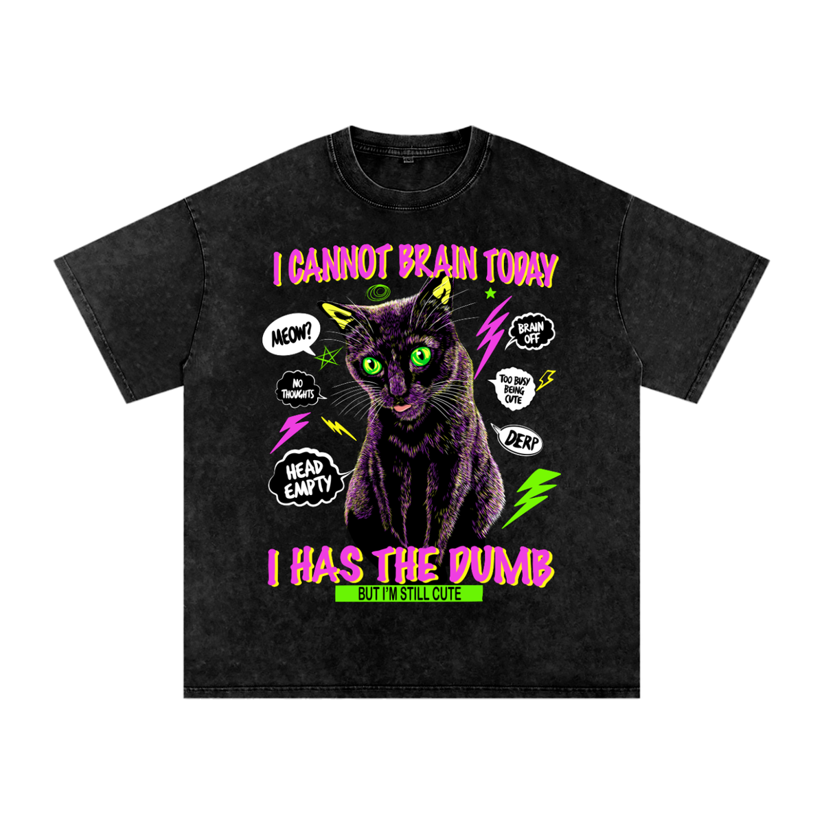Funny Silly Black Cat Snow Washed Oversized Cotton T-Shirt