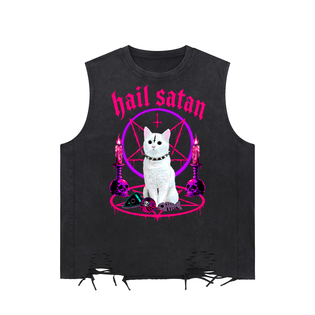 Goth Hail Satan Snow Washed Raw-Hem Tank Top