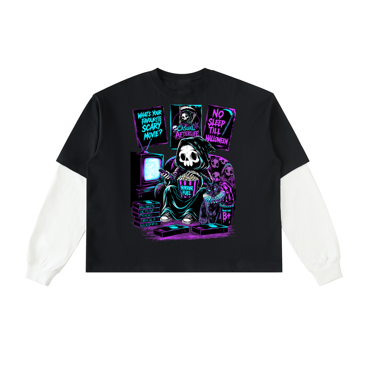 Casual Afterlife Horror Fan Layered Contrast Sleeve Cotton T-Shirt