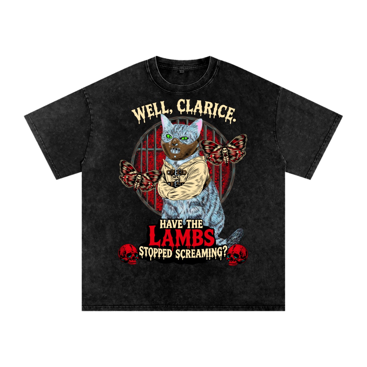 Goth Cat Horror Fan Snow Washed Oversized Cotton T-Shirt