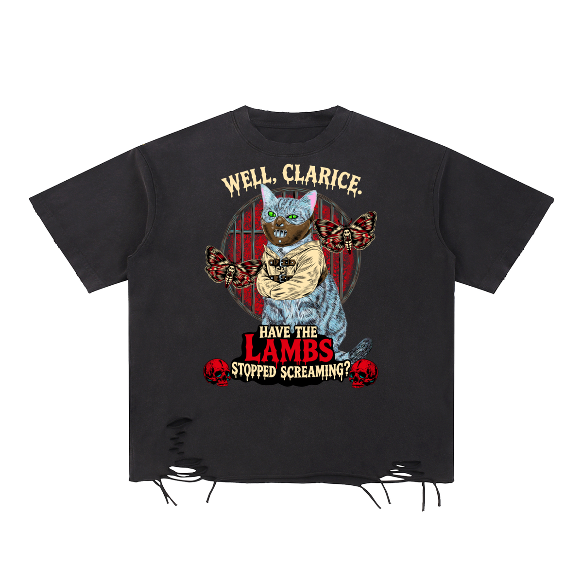 Goth Cat Horror Fan Snow Washed Raw-Hem T-Shirt