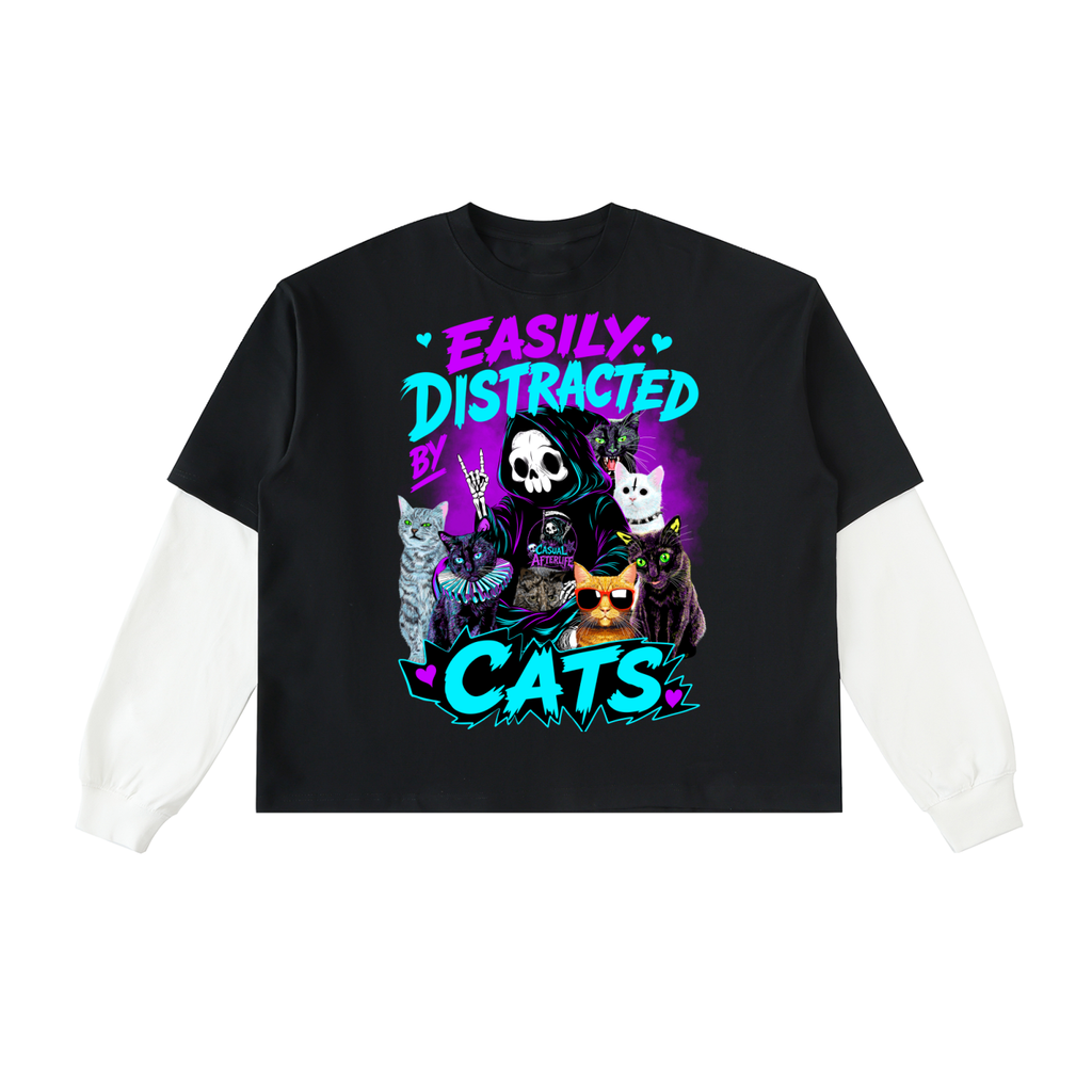 Easily Distracted by Cats Layered Contrast Sleeve Cotton T-Shirt