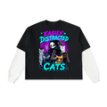 Easily Distracted by Cats Layered Contrast Sleeve Cotton T-Shirt