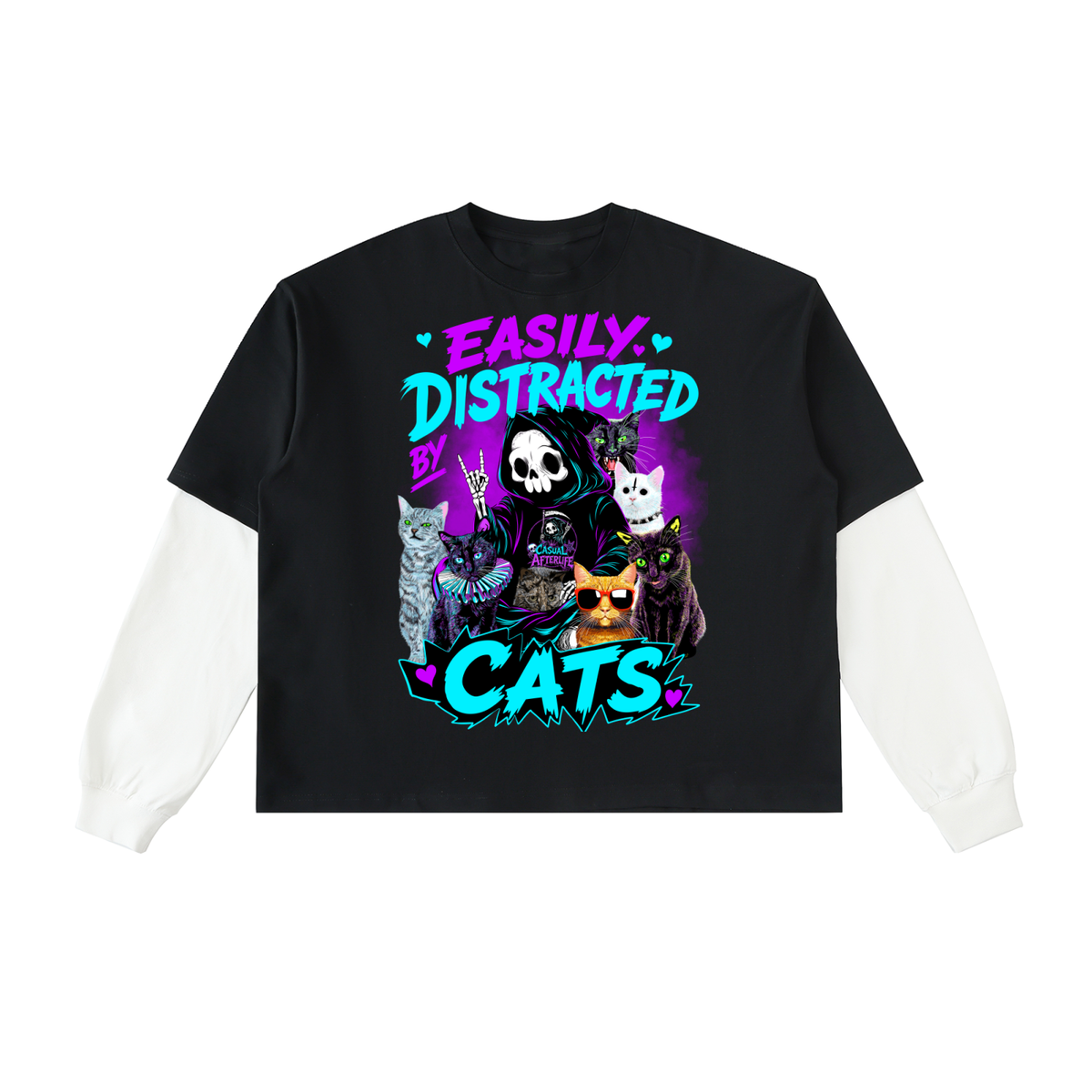 Easily Distracted by Cats Layered Contrast Sleeve Cotton T-Shirt
