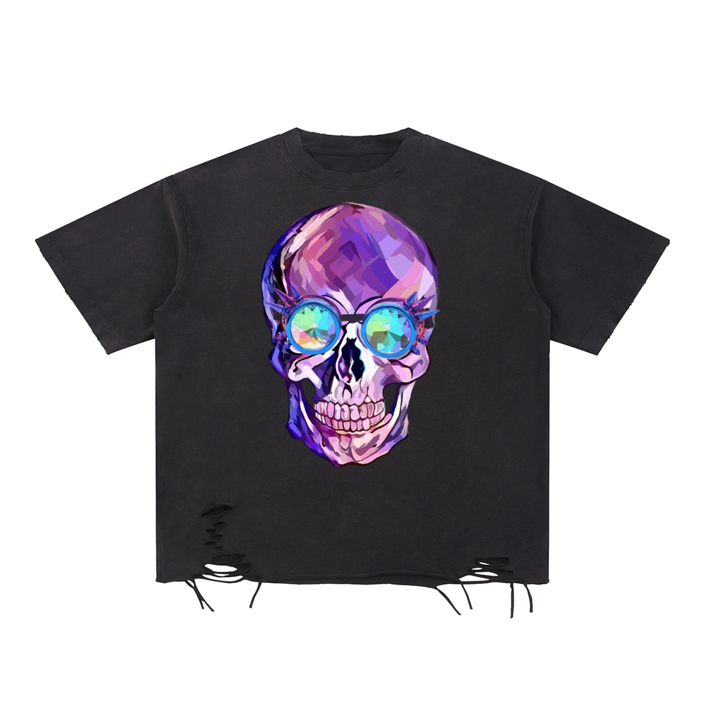 Steampunk Skull Snow Washed Raw-Hem T-Shirt
