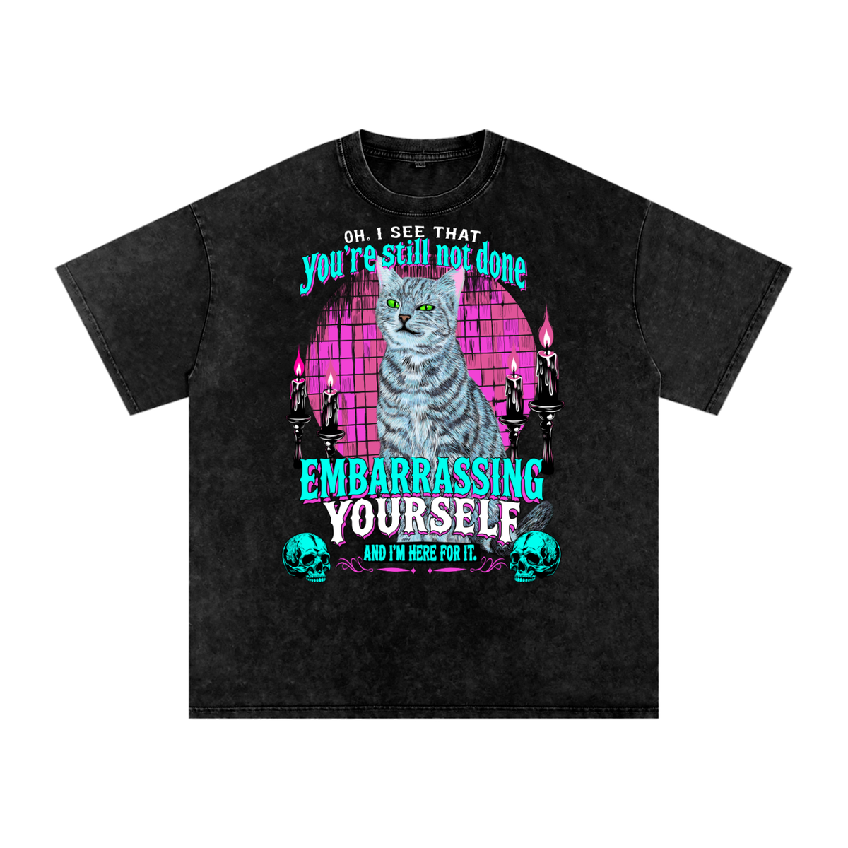 Funny Goth Cat Snow Washed Oversized Cotton T-Shirt