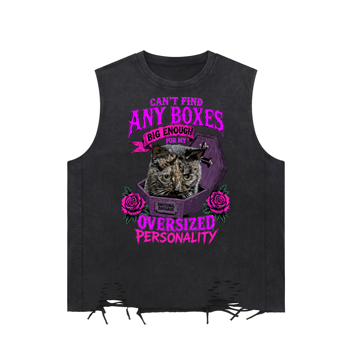 Funny Sad Cat Goth Snow Washed Raw-Hem Tank Top