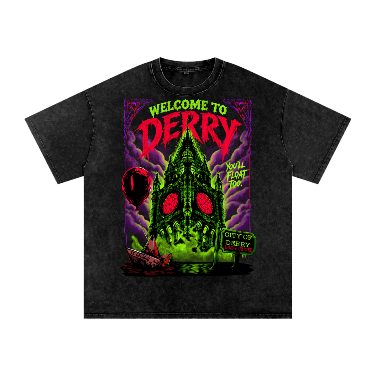 Welcome To Derry Snow Washed Oversized Cotton T-Shirt