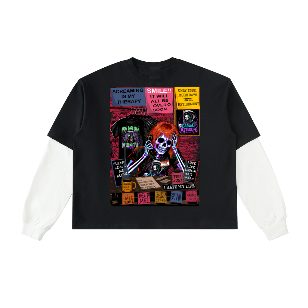 Goth Emo Retail Customer Service Layered Contrast Sleeve Cotton T-Shirt