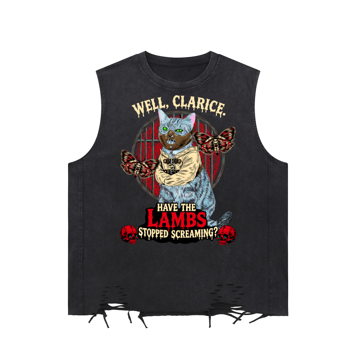 Goth Cat Horror Fan Snow Washed Raw-Hem Tank Top
