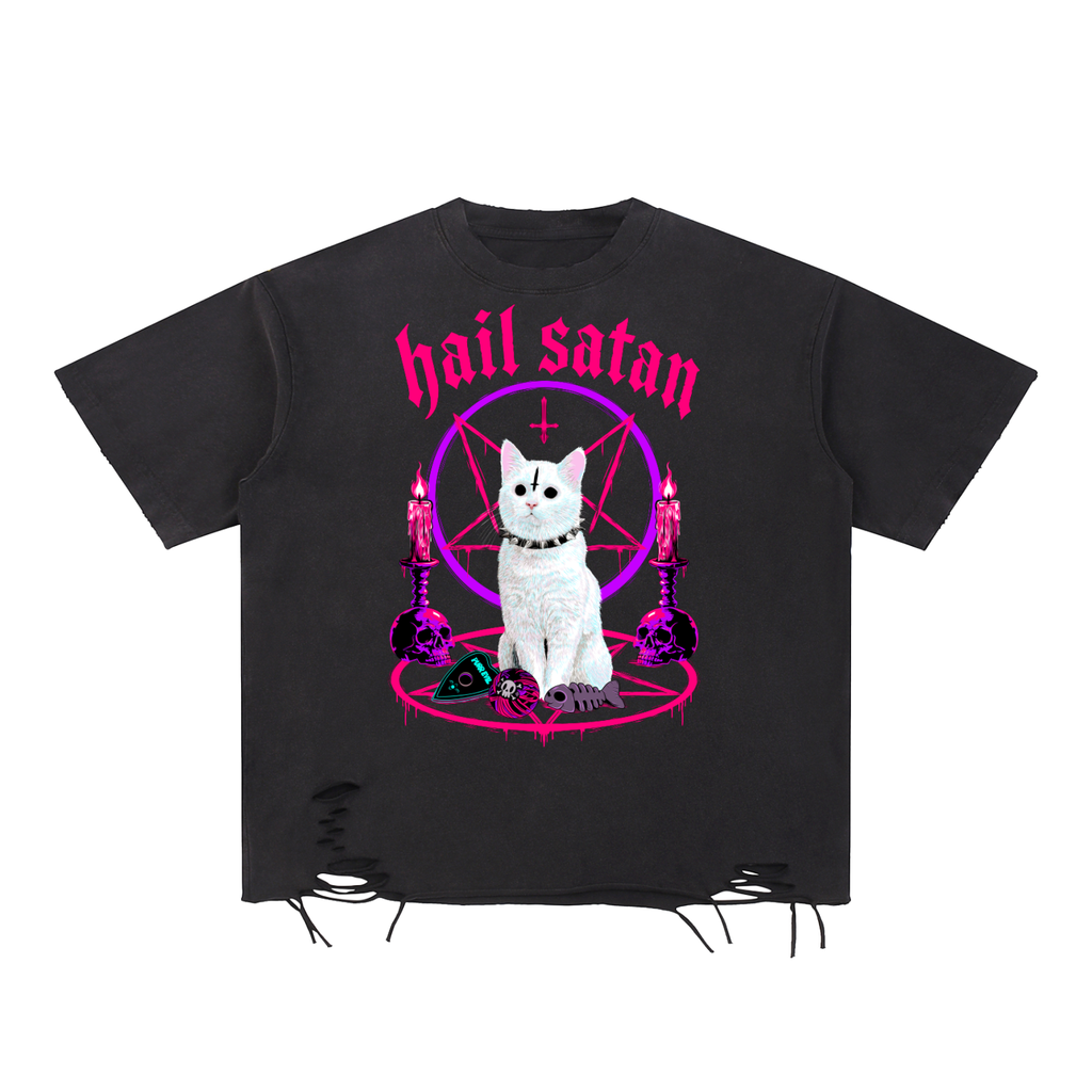 Goth Hail Satan Funny Cat Snow Washed Raw-Hem T-Shirt