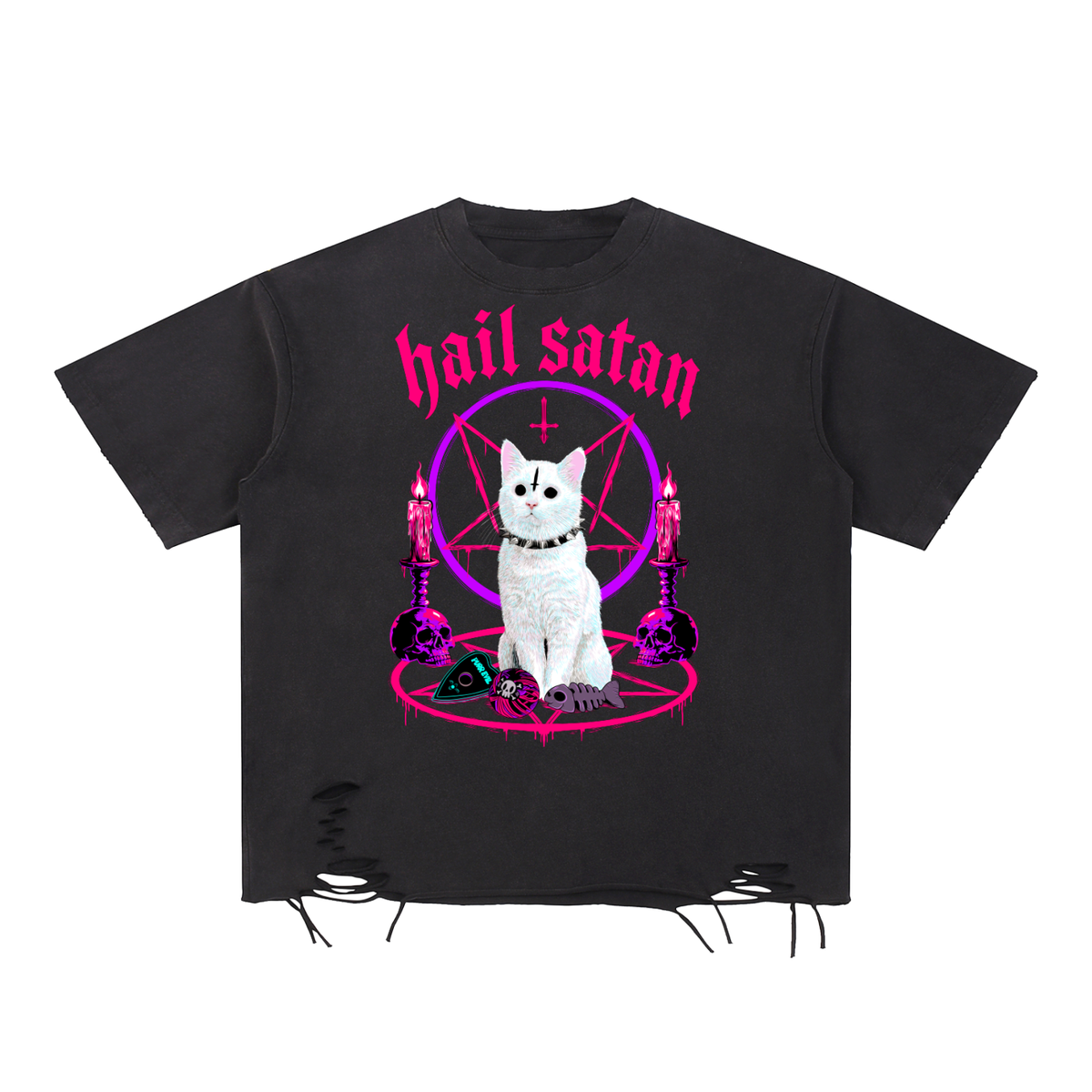 Goth Hail Satan Funny Cat Snow Washed Raw-Hem T-Shirt