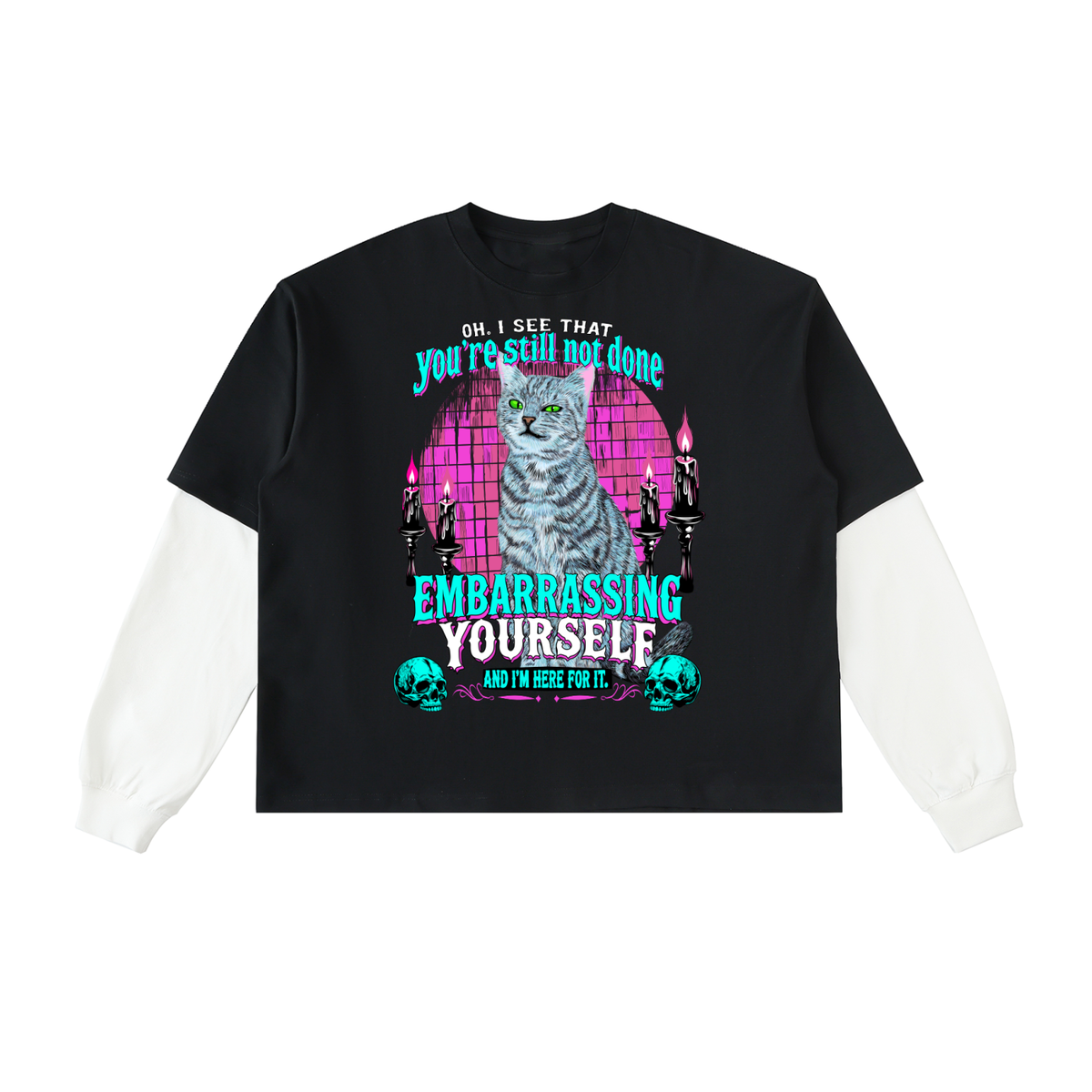 Funny Goth Cat Layered Contrast Sleeve Cotton T-Shirt