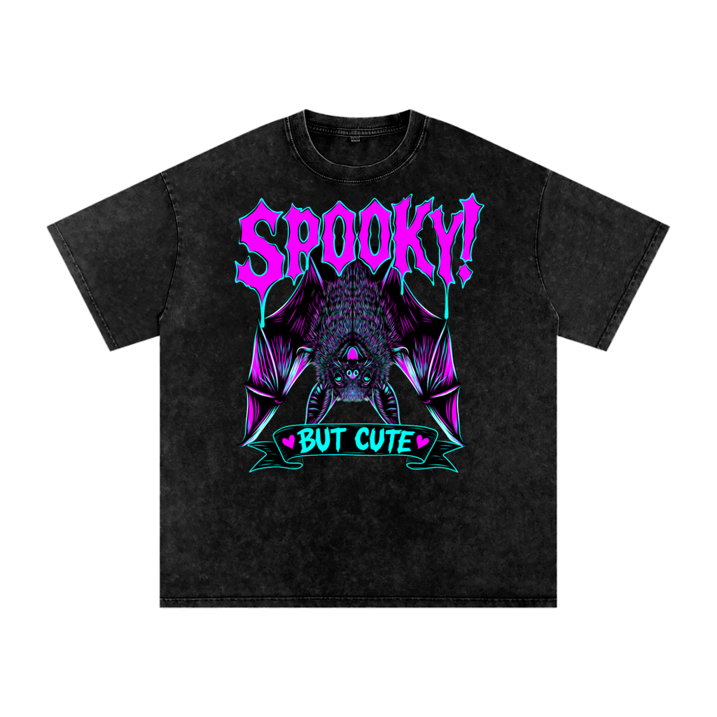 Spooky But Cute Funny Bat Snow Washed Oversized Cotton T-Shirt