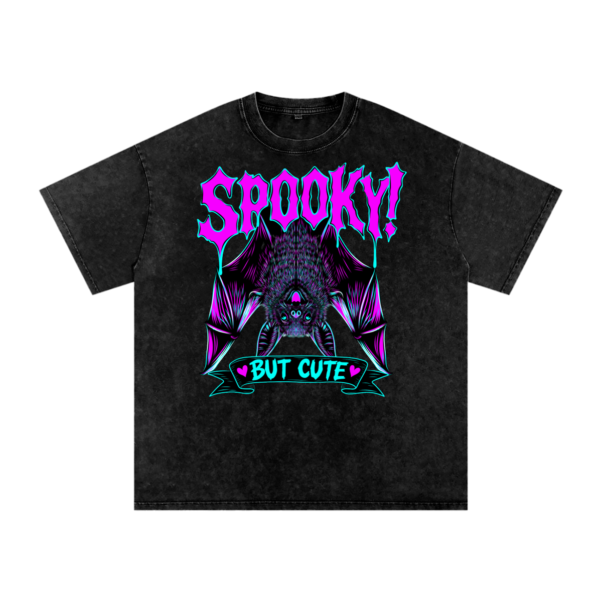 Spooky But Cute Funny Bat Snow Washed Oversized Cotton T-Shirt