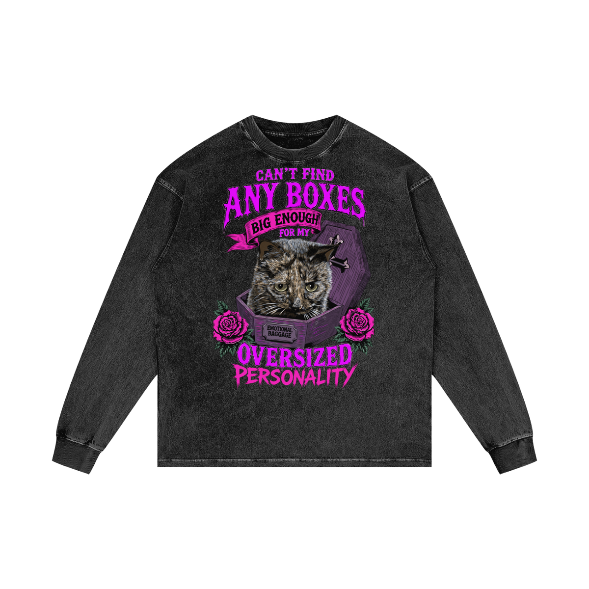 Funny Sad Cat Goth Acid Wash Oversize Long Sleeve T-Shirt