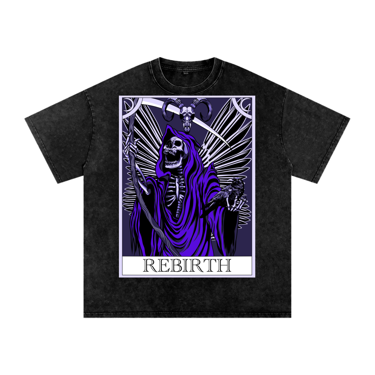 Rebirth Grim Reaper Tarot Card Snow Washed Oversized Cotton T-Shirt