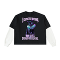 Disappointed Cat Layered Contrast Sleeve Cotton T-Shirt