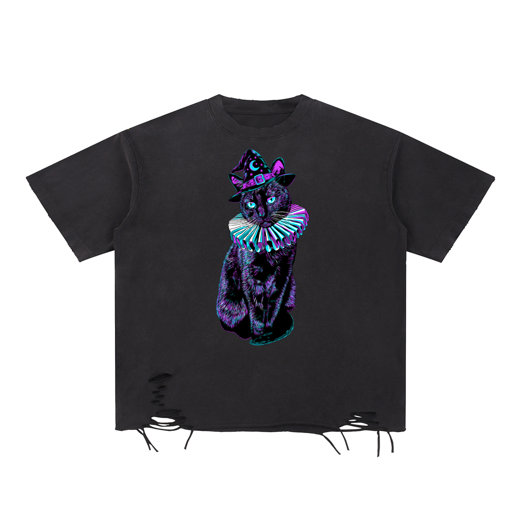 Witchy Black Cat Snow Washed Raw-Hem T-Shirt