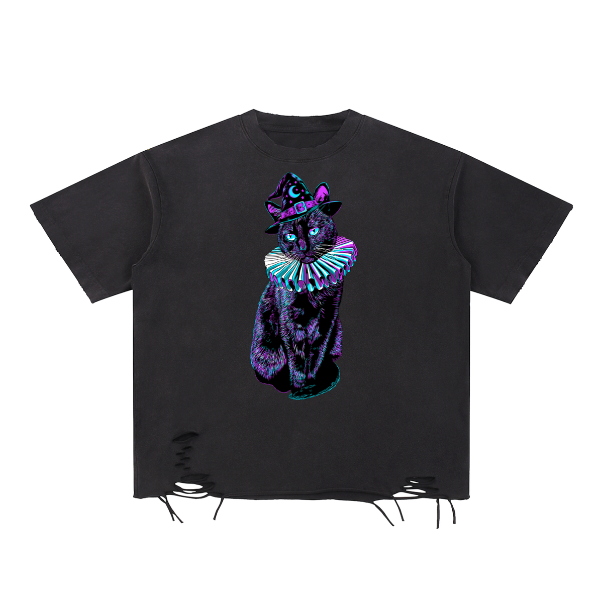 Witchy Black Cat Snow Washed Raw-Hem T-Shirt