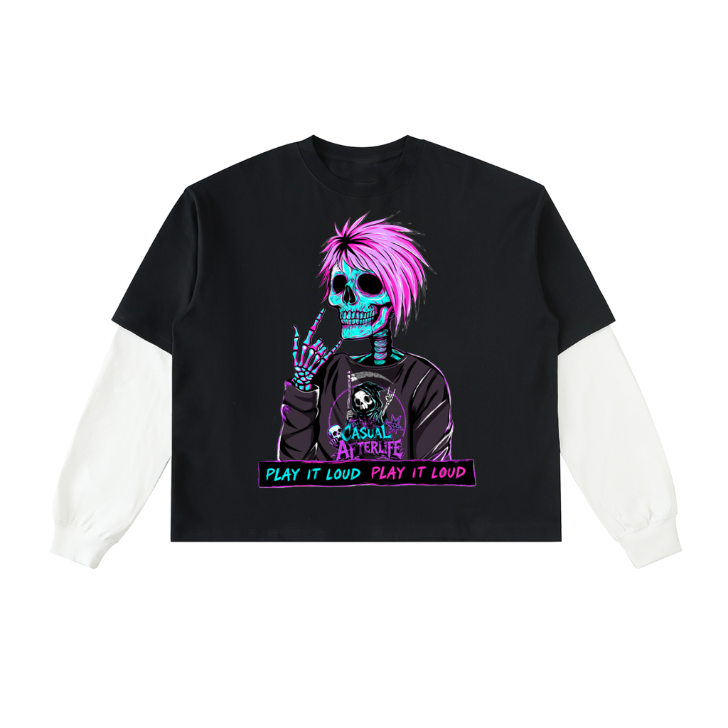Emo Skeleton Layered Contrast Sleeve Cotton T-Shirt