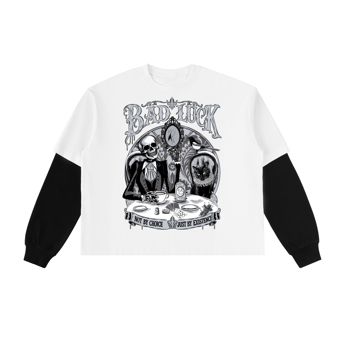 Bad Luck Victorian Steampunk Layered Contrast Sleeve Cotton T-Shirt