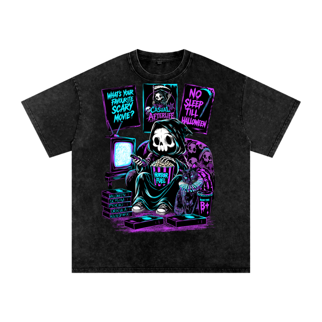 Casual Afterlife Horror Fan Snow Washed Oversized Cotton T-Shirt