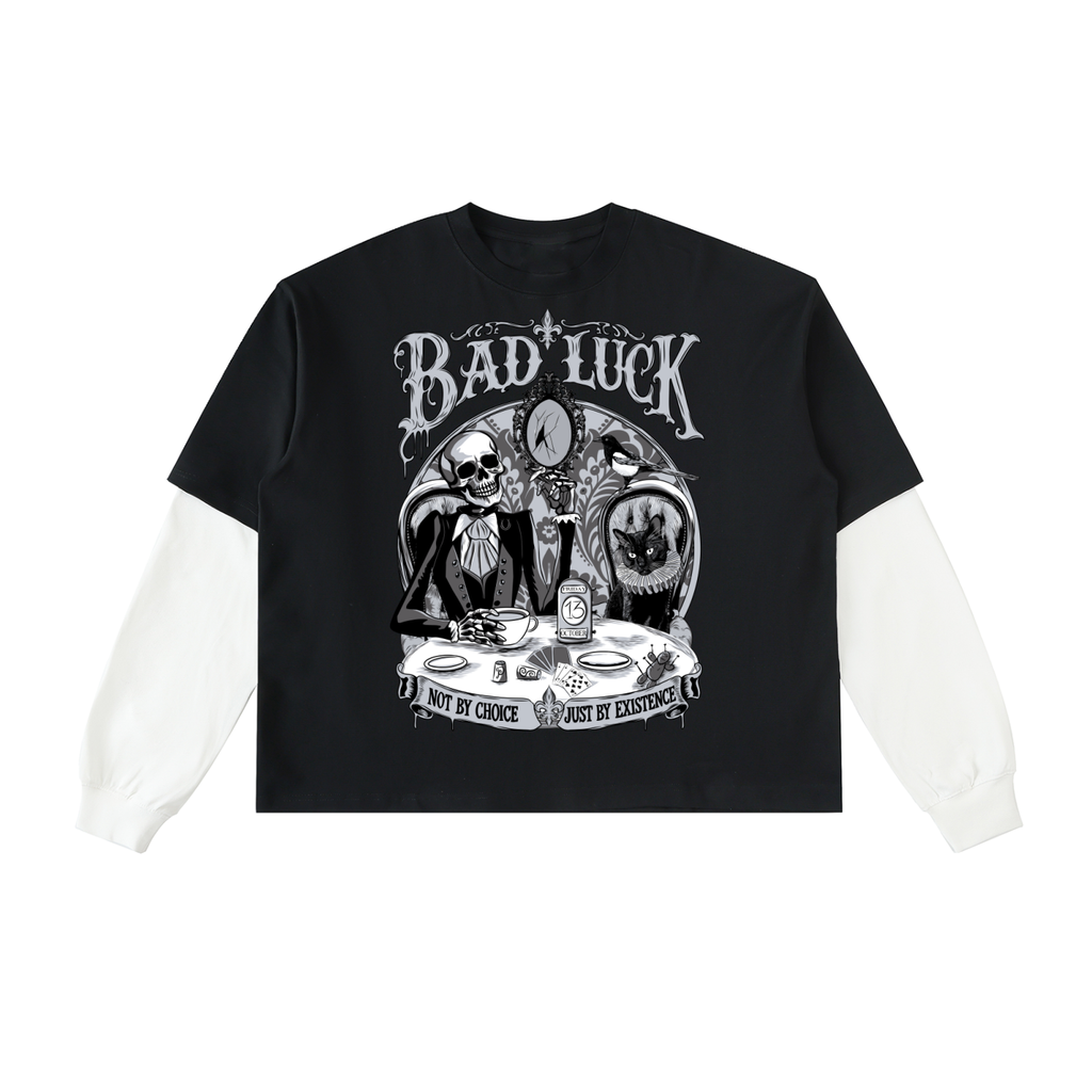 Bad Luck Victorian Steampunk Layered Contrast Sleeve Cotton T-Shirt