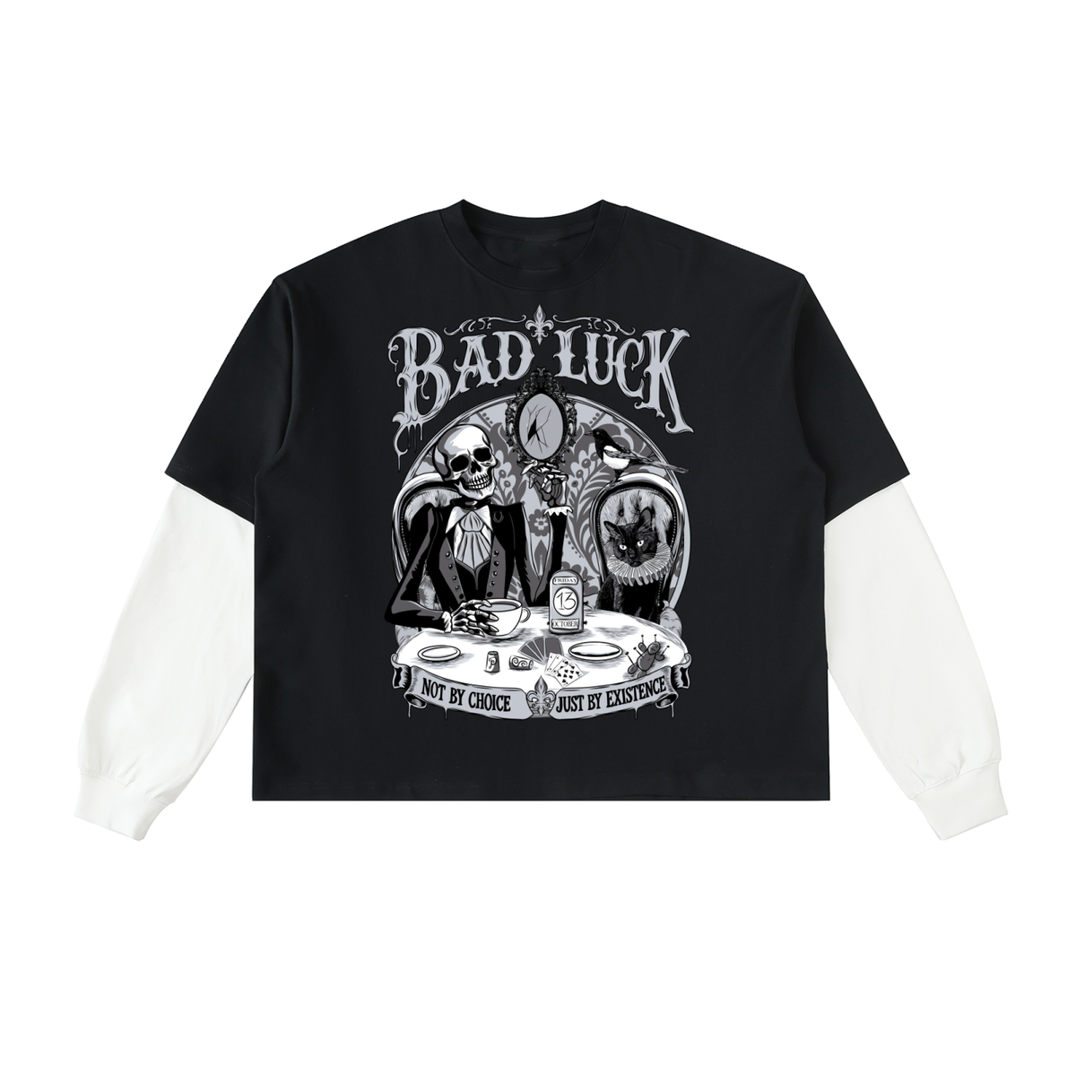 Bad Luck Victorian Steampunk Layered Contrast Sleeve Cotton T-Shirt