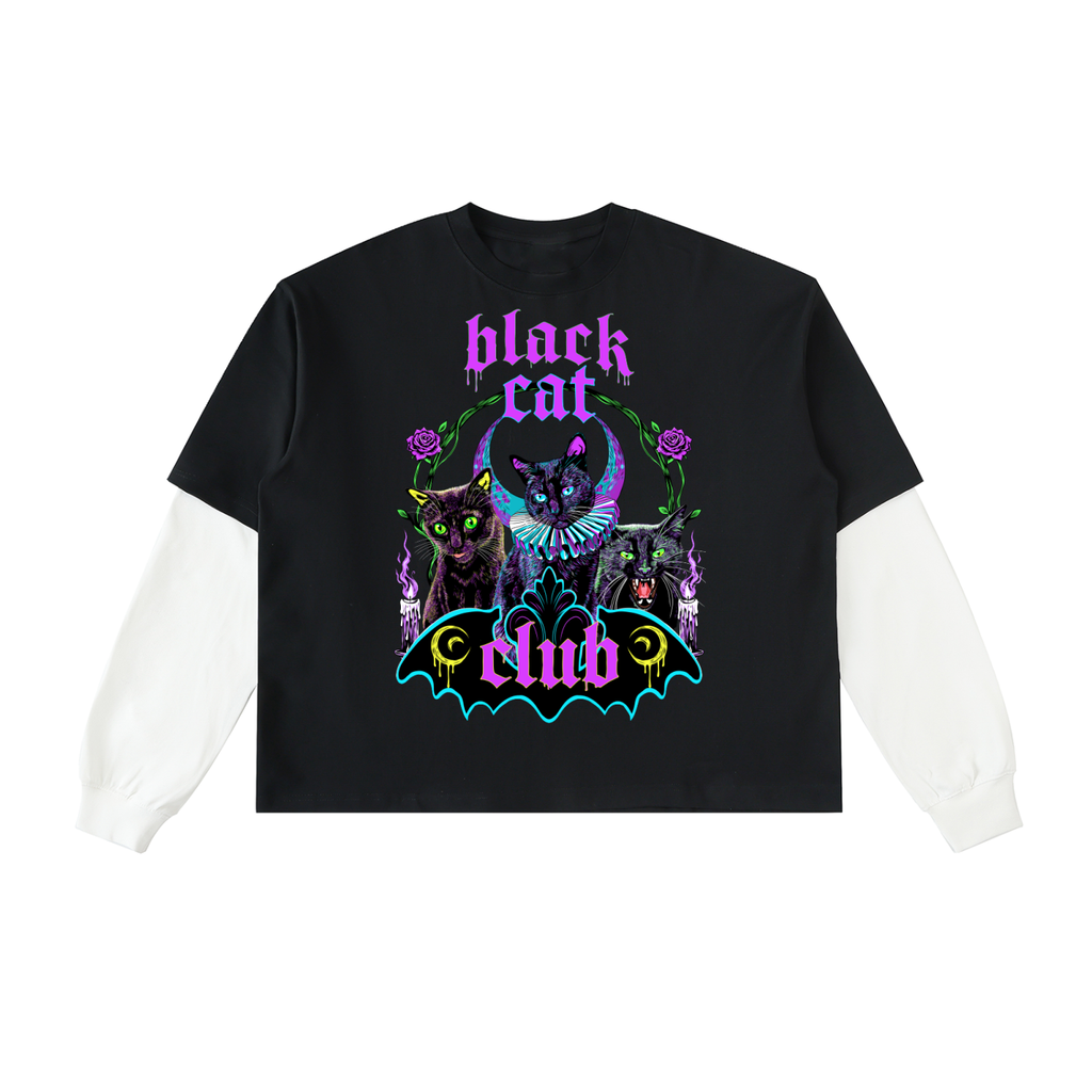 Black Cat Club Layered Contrast Sleeve Cotton T-Shirt