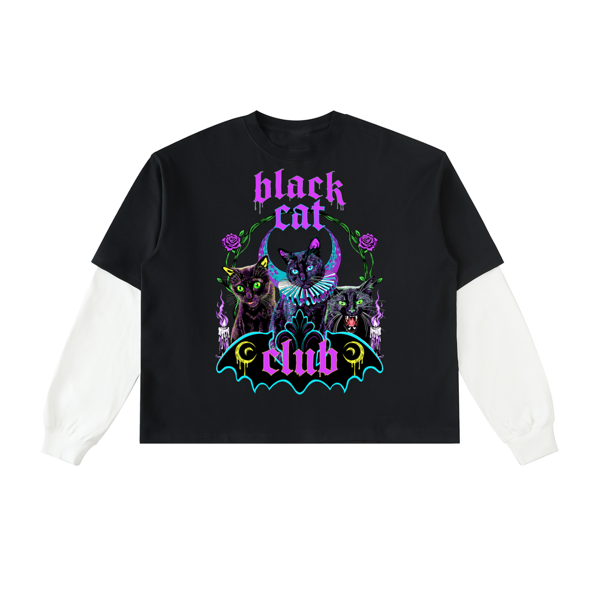 Black Cat Club Layered Contrast Sleeve Cotton T-Shirt