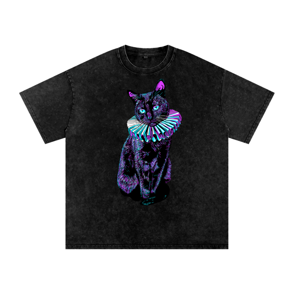 Casual Afterlife Black Cat Snow Washed Oversized Cotton T-Shirt