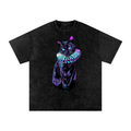 Casual Afterlife Black Cat Snow Washed Oversized Cotton T-Shirt