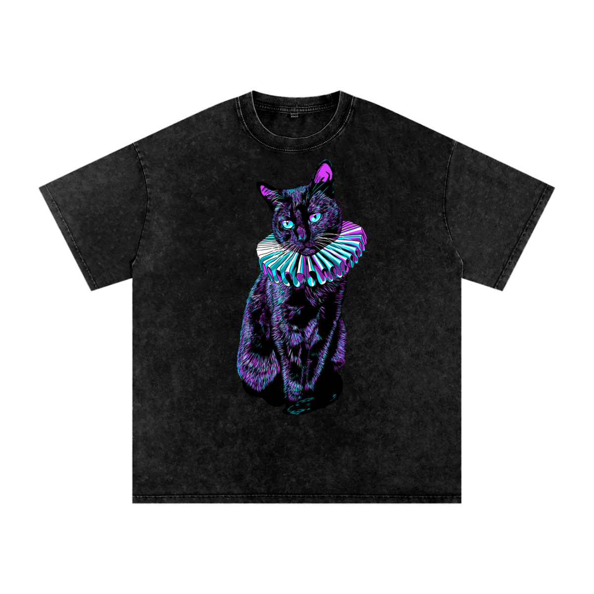 Casual Afterlife Black Cat Snow Washed Oversized Cotton T-Shirt