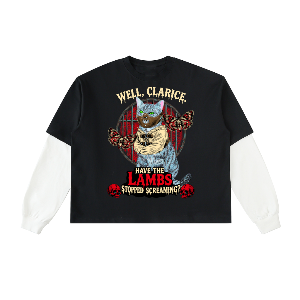 Goth Cat Horror Fan Layered Contrast Sleeve Cotton T-Shirt