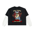Goth Cat Horror Fan Layered Contrast Sleeve Cotton T-Shirt