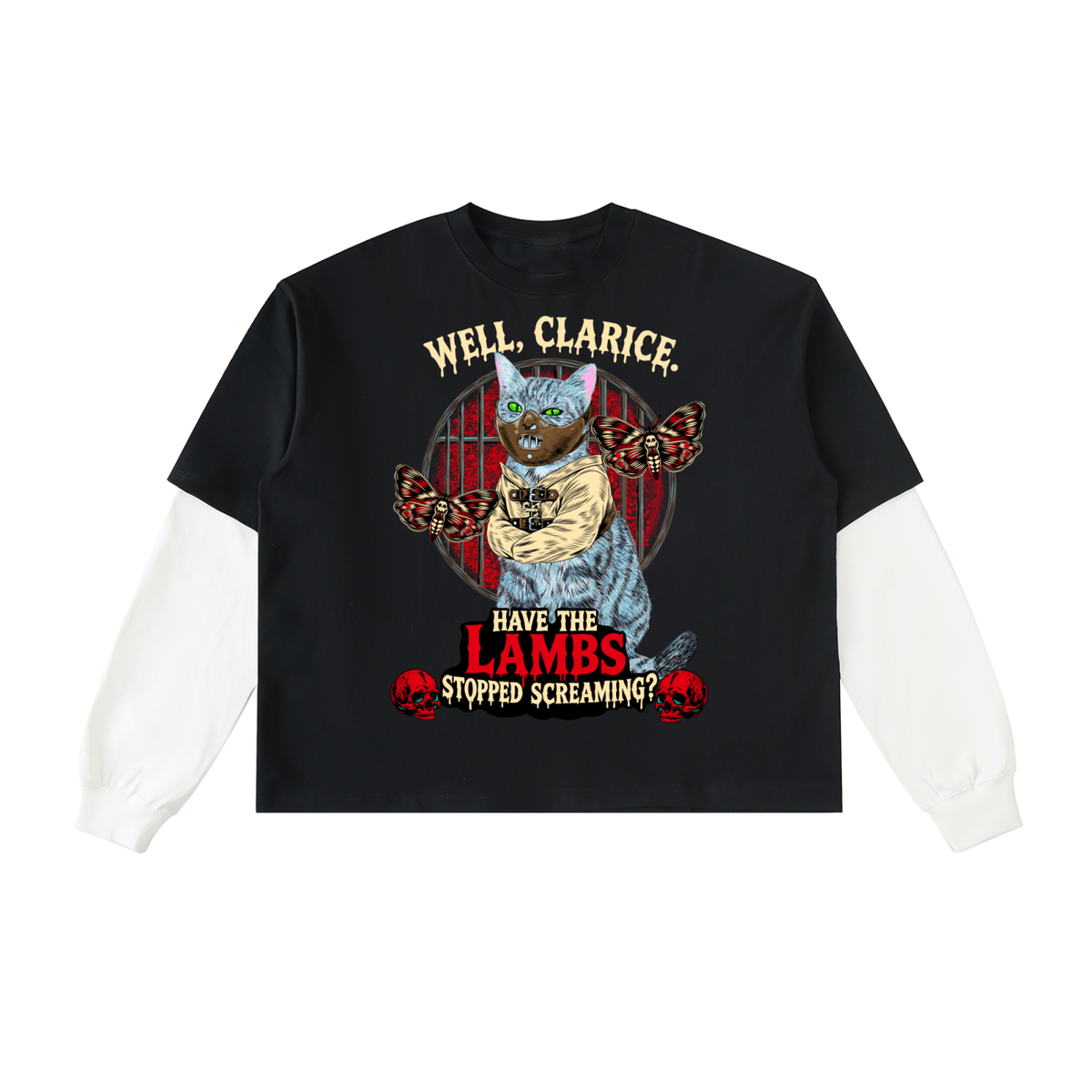 Goth Cat Horror Fan Layered Contrast Sleeve Cotton T-Shirt