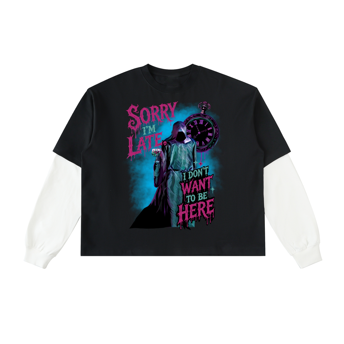 Funny Grim Reaper Layered Contrast Sleeve Cotton T-Shirt