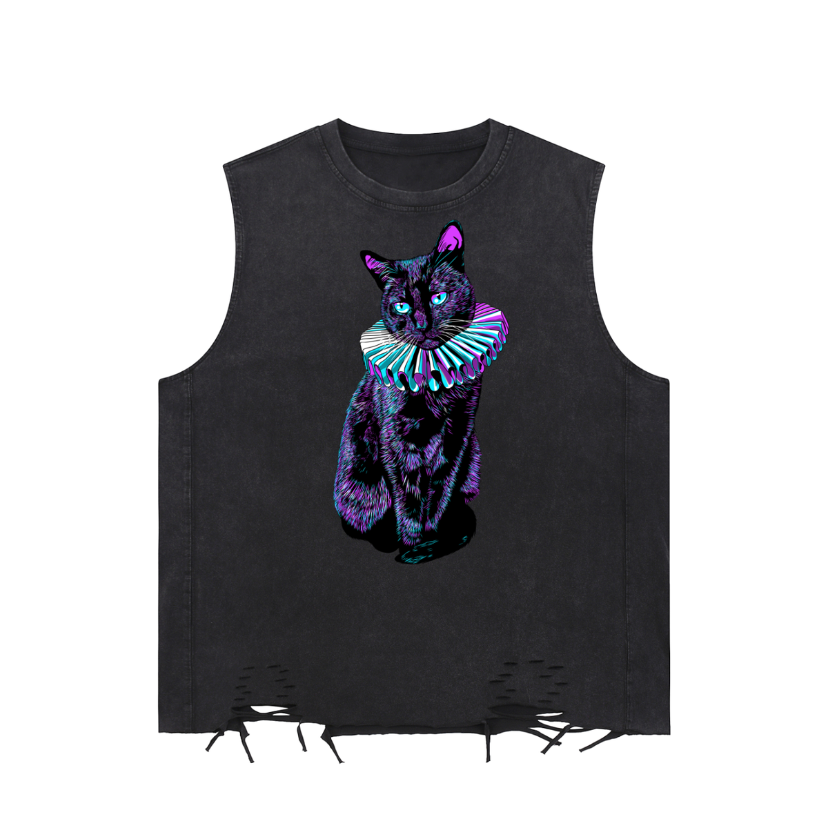 Goth Black Cat Snow Washed Raw-Hem Tank Top