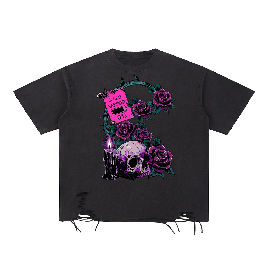 Goth Low Social Battery Snow Washed Raw-Hem T-Shirt