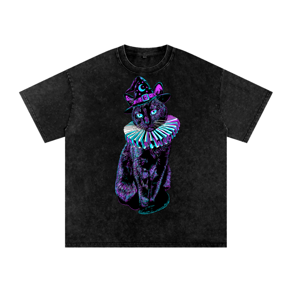 Witchy Black Cat Snow Washed Oversized Cotton T-Shirt