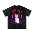 Goth Hail Satan Funny Cat Snow Washed Oversized Cotton T-Shirt